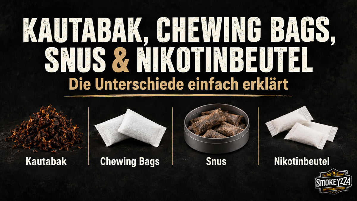 Vergleich von Kautabak, Chewing Bags, Snus und Nikotinbeuteln nebeneinander mit Beschriftung