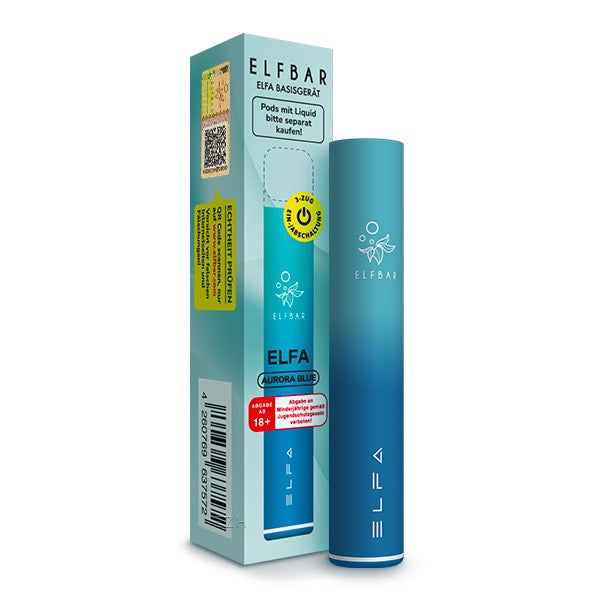 Elfbar Elfa Basisgeraet Akku Aurora Blue Geraet und Verpackung