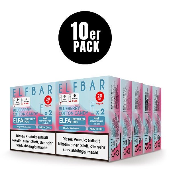Elfbar ELFA Pods Blueberry Cotton Candy 20mg 10x Sparpaket, zehn 2er Packungen, Blueberry Cotton Candy Pods für Elfa System, Smokeyz24.de