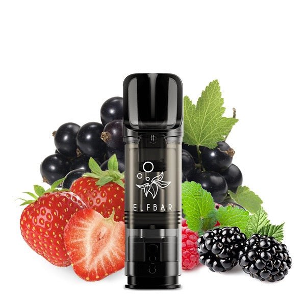 Elfbar ELFA Pod Mix Berries 20mg vor Beerenmix-Hintergrund, fruchtige Nikotinsalz Pods, Smokeyz24.de