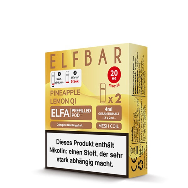 Elfa Pod Pineapple Lemon Qi 20mg – 2er-Pack von Elfbar, fruchtige Ananas-Zitrone-Kombination Verpackung