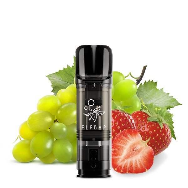 Elfbar ELFA Pod Strawberry Grape 20mg vor Erdbeeren-Trauben-Hintergrund, fruchtig-süße Nikotinsalz Pods, Smokeyz24.de