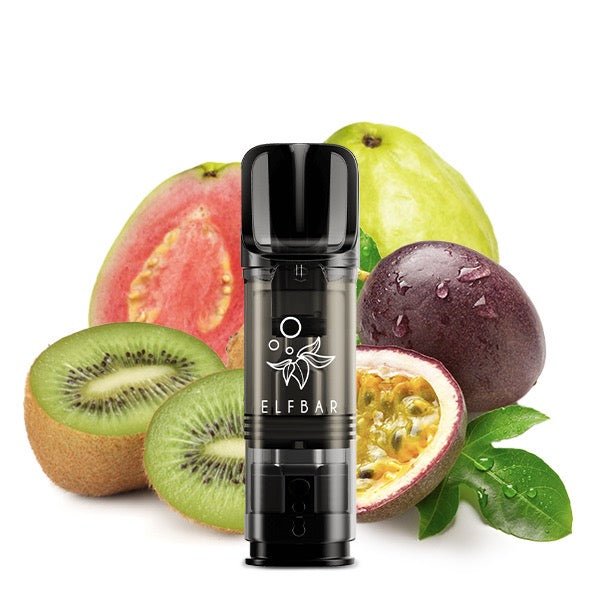 Elfbar ELFA Kiwi Passionfruit Guava 0mg Pod vor Kiwi-Passionsfrucht-Guave-Hintergrund, nikotinfreie Exotik Pods, Smokeyz24.de