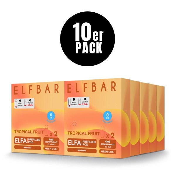 Elfbar ELFA Tropical Fruit 0mg 10x Sparpaket, zehn 2er Packungen, nikotinfreie Tropical Fruit Pods für Elfa System, Smokeyz24.de