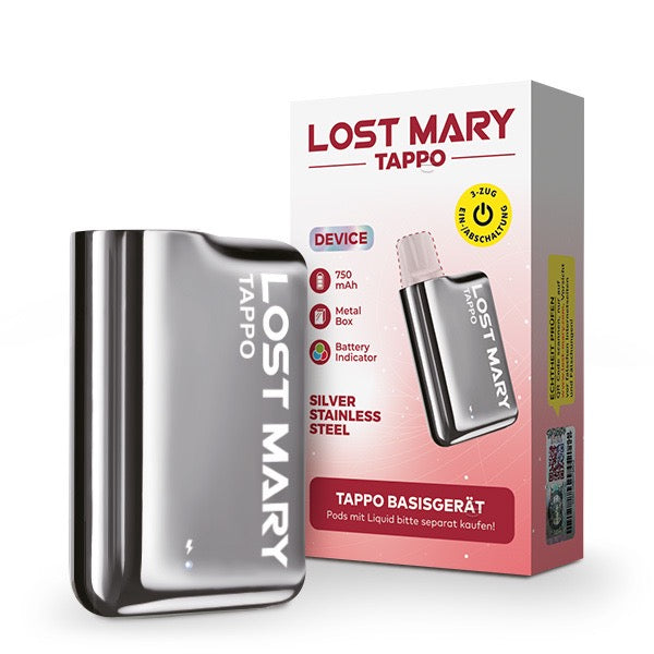 Lost Mary Tappo Akku silber Gerät und Verpackung