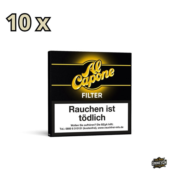 Al Capone Original Filter Cigarillos 10x10er – Seitenansicht der Schachtel mit kompaktem Format und Filterhinweis
