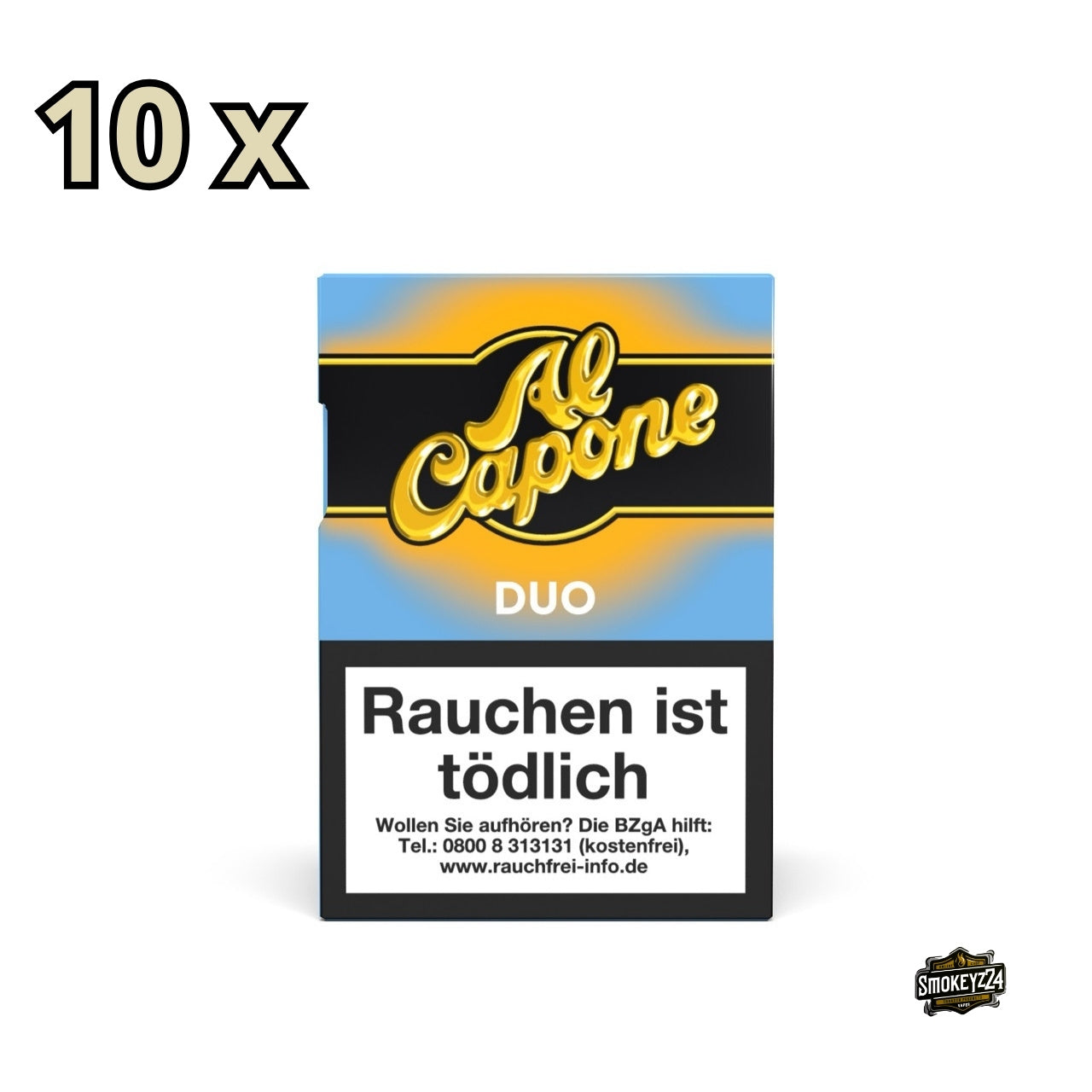 Al Capone Duo Filter Zigarillos 10x18er – Vorderseite des Vorratsgebindes mit aromatisierten Cigarillos im Pocket-Format