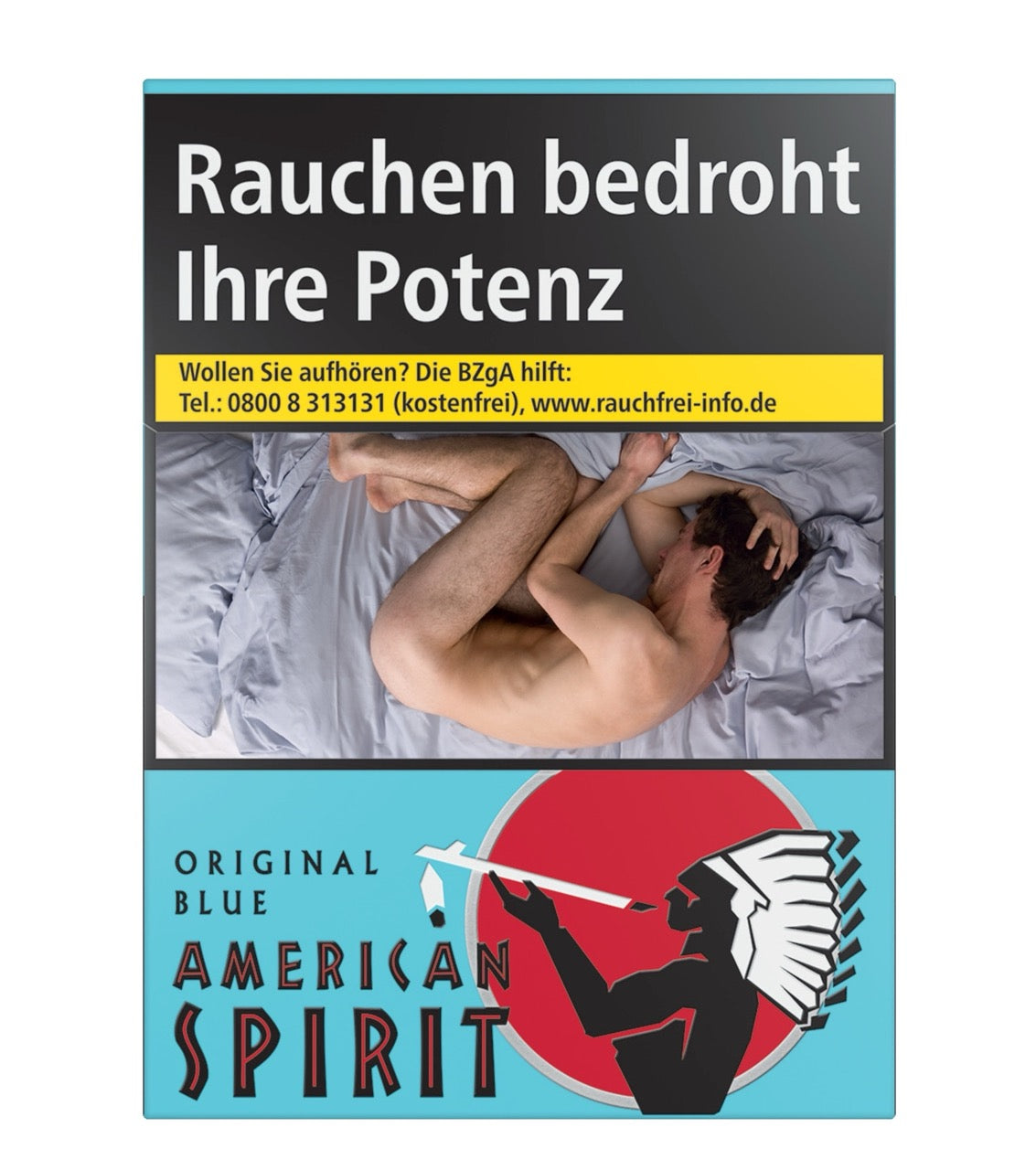 American Spirit Blue Zigaretten Schachtel frontal – 100% Vollblatttabak, blaue Packung, umweltbewusst.