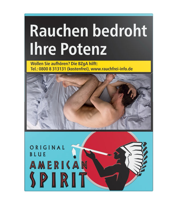 American Spirit Blue Zigaretten Schachtel frontal – 100% Vollblatttabak, blaue Packung, umweltbewusst.