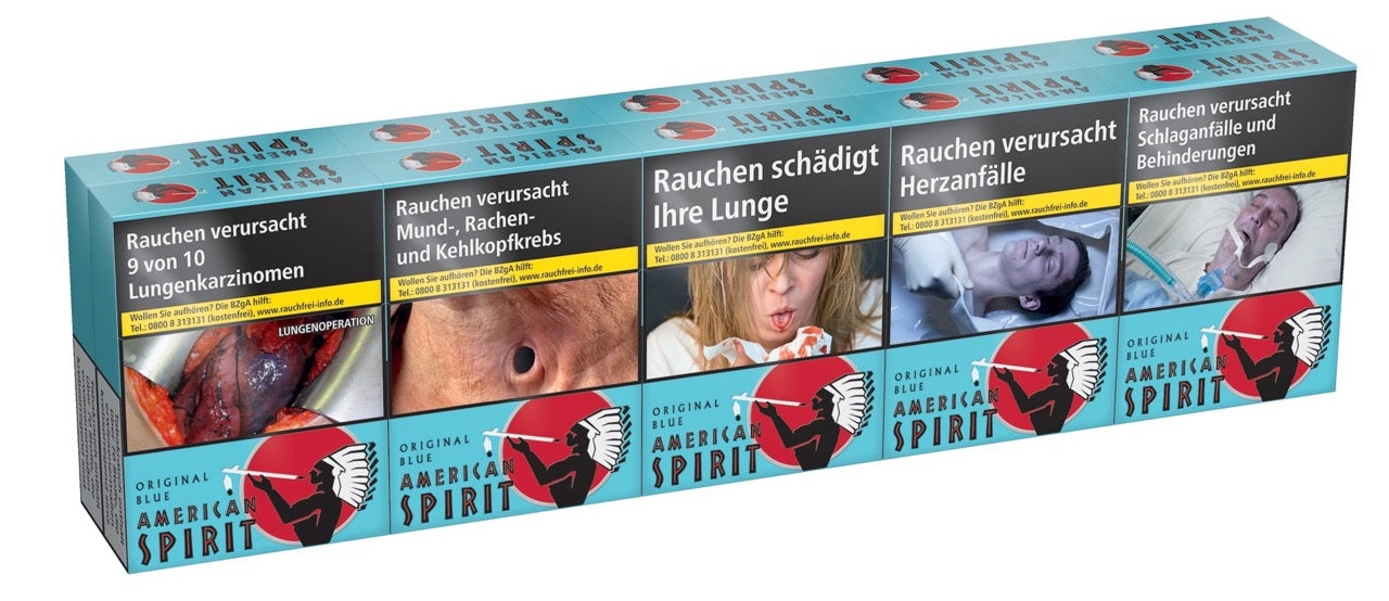 American Spirit Blue Zigaretten Stange seitlich fotografiert – nachhaltige Vorratspackung, blaues Design.