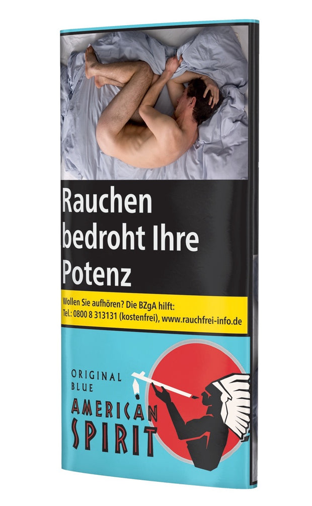 American Spirit Original Blue Drehtabak 30g – Pouch leicht seitlich fotografiert, zeigt Fresh-Seal Verschluss und Design