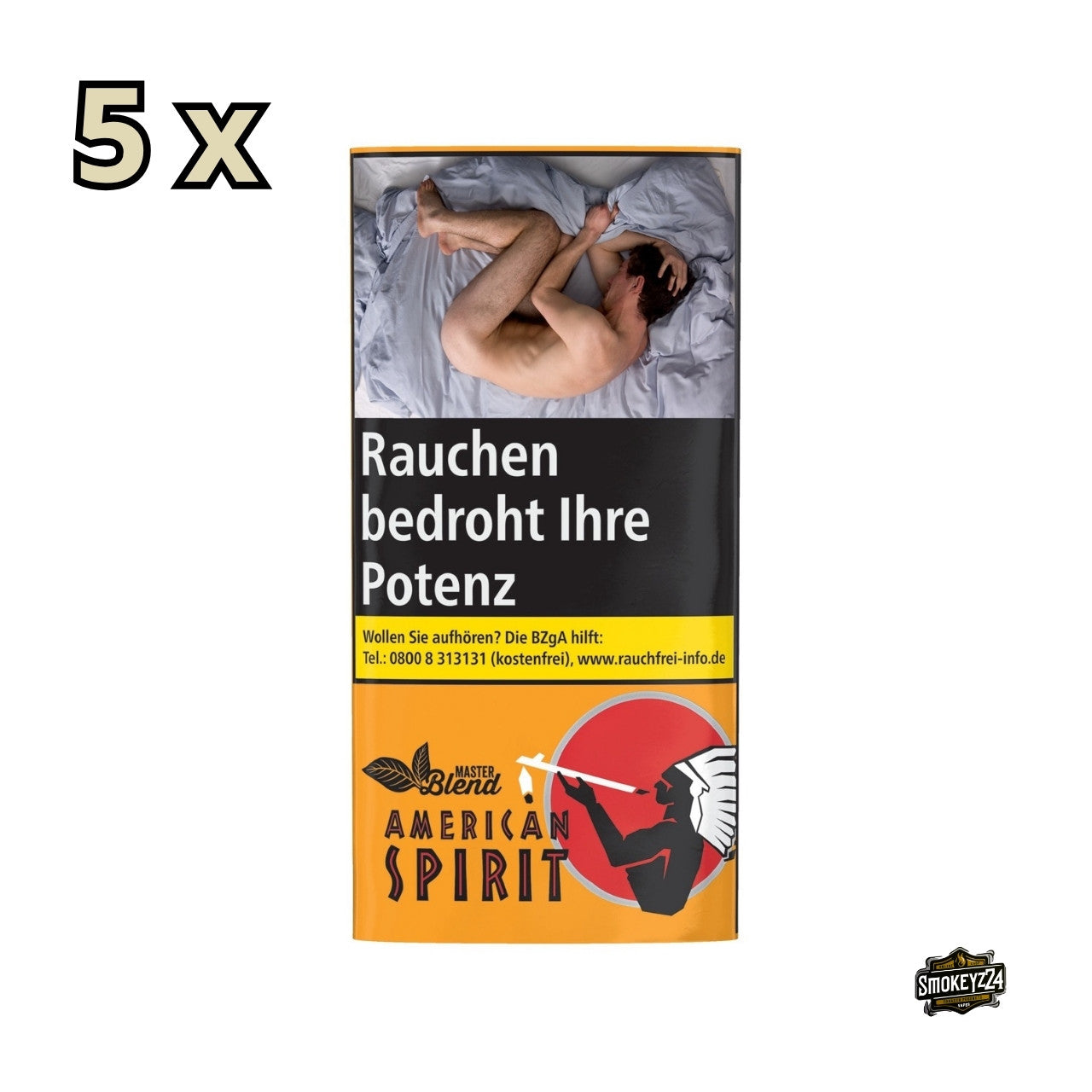 American Spirit Master Blend Gold Drehtabak Gebinde 5x30g – Frontalansicht der fünf goldfarbenen Pouches im Bündel