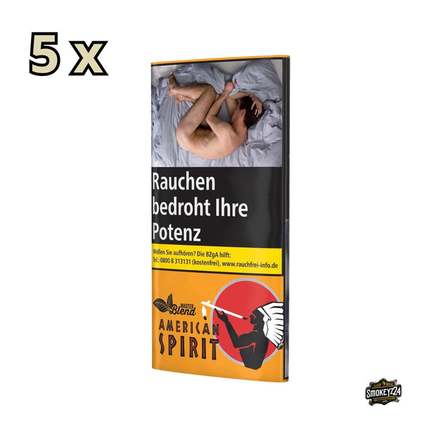 American Spirit Master Blend Gold Drehtabak Gebinde 5x30g – leicht seitlich fotografiert, alle Pouches nebeneinander