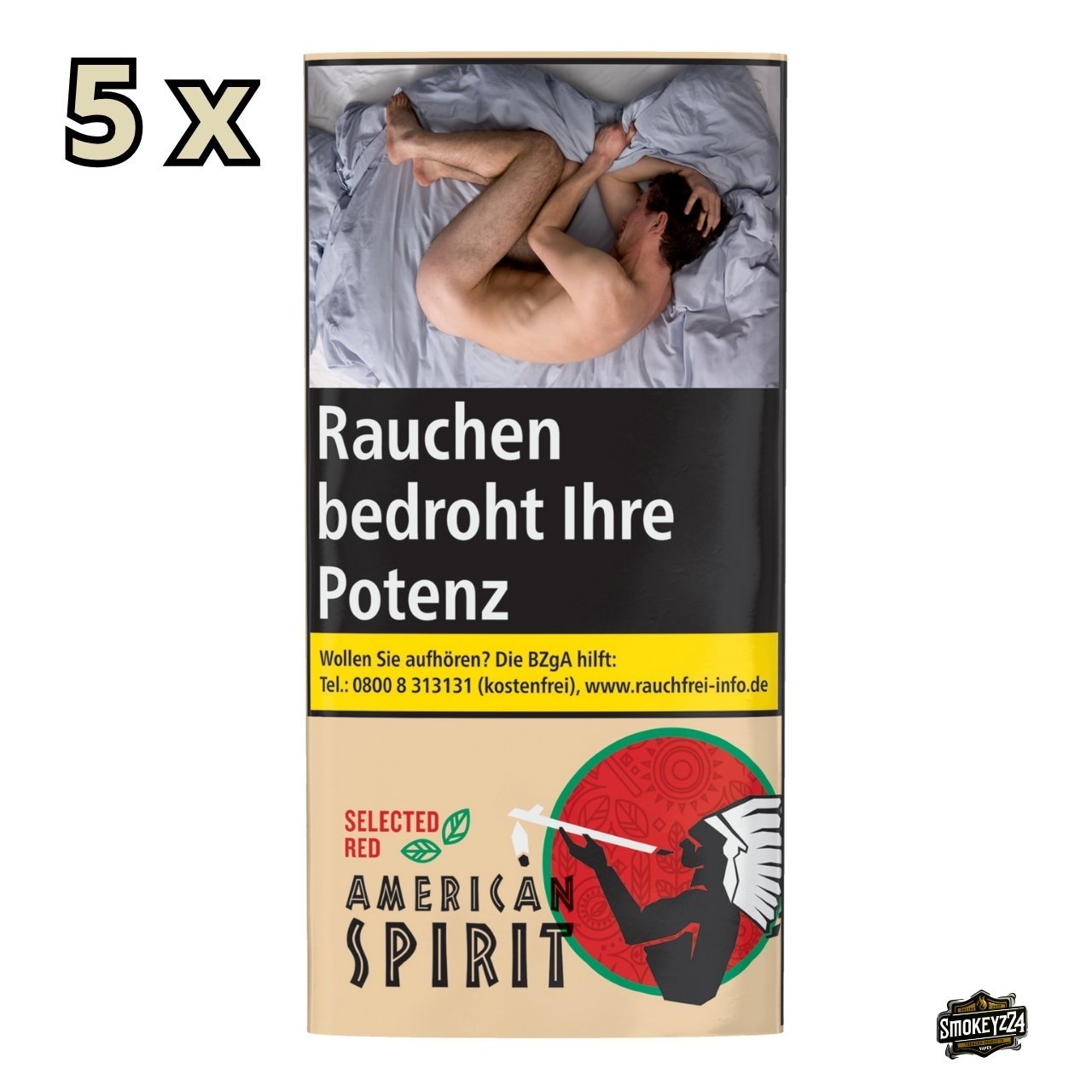 American Spirit Selected Red Drehtabak Gebinde 5x30g – Frontalansicht der fünf roten Pouches mit Warnhinweis und Logo