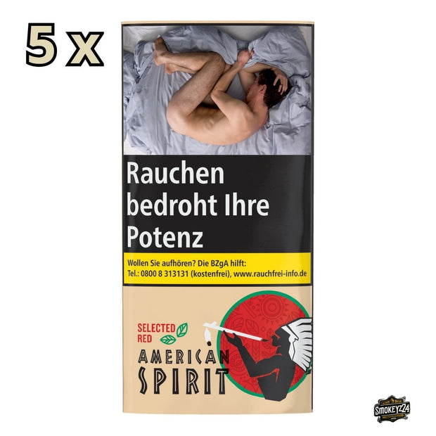 American Spirit Selected Red Drehtabak Gebinde 5x30g – Frontalansicht der fünf roten Pouches mit Warnhinweis und Logo