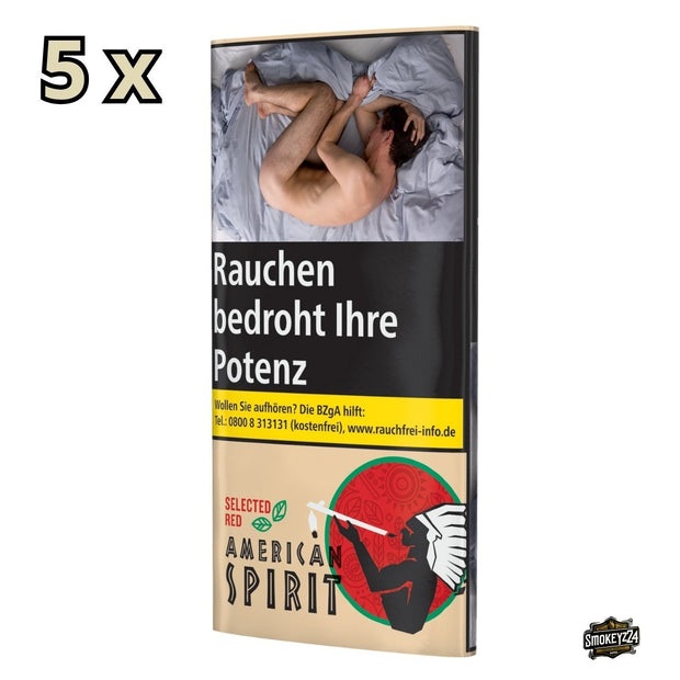 American Spirit Selected Red Drehtabak 5x30g Gebinde – leicht seitliche Ansicht der Fresh-Seal-Pouches mit Warnbild