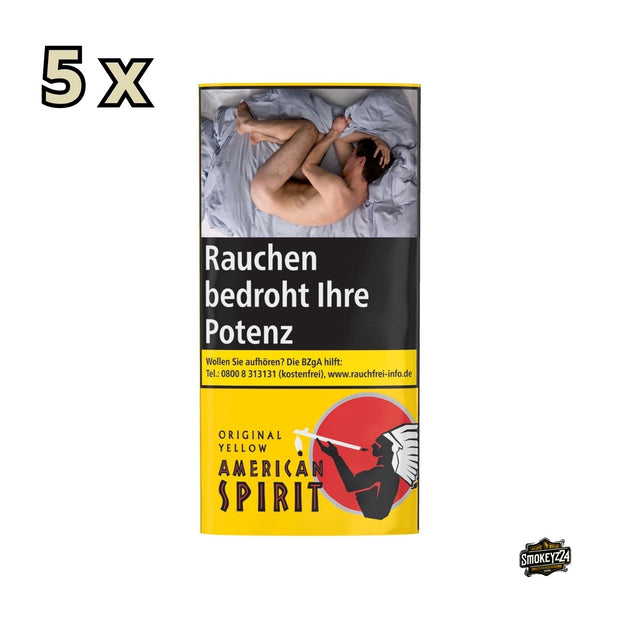 American Spirit Original Yellow Drehtabak Gebinde – fünf 30g Pouches, frontal nebeneinander, gelbes Design