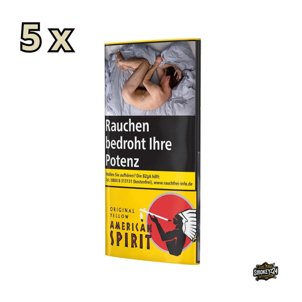 American Spirit Original Yellow Drehtabak Gebinde – fünf 30g Pouches leicht seitlich angeordnet, gelbes Verpackungsdesign