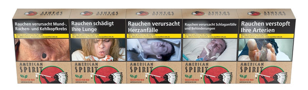 American Spirit Red Zigaretten Stange frontal, 5x37er Vorratspack, rote Verpackung, plastikfrei, intensiver Geschmack.