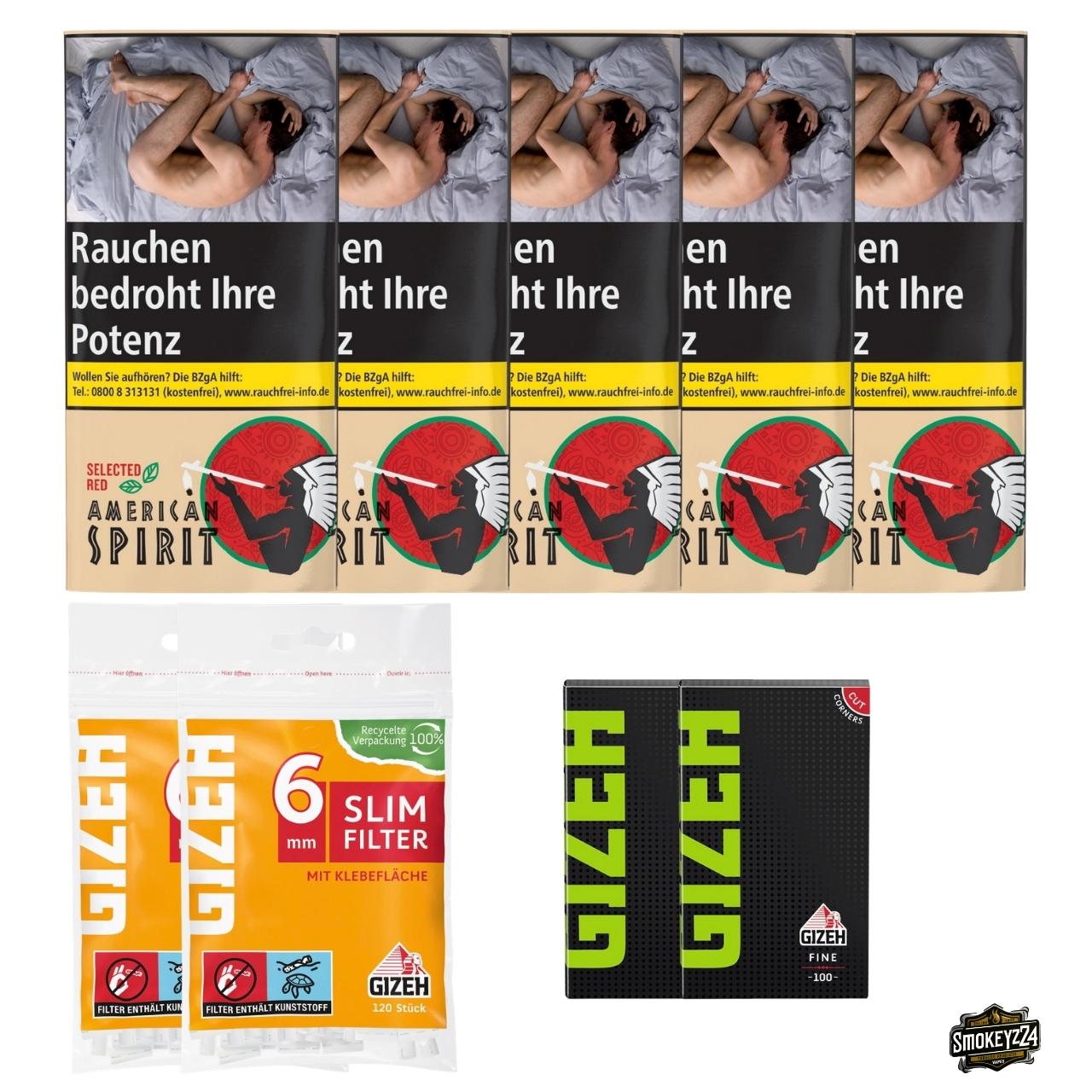 American Spirit Selected Red 5x Pouch Bundle mit GIZEH Black Fine Blättchen und Slim Filtern