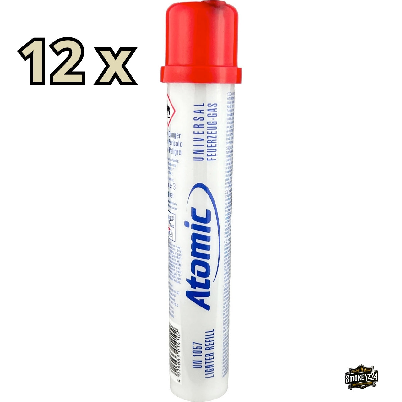 Atomic Feuerzeuggas 65 ml Einzelflasche mit 12x Hinweis