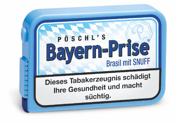 Bayern-Prise Brasil mit Snuff – Schmalzler- und Snuff-Mischung mit dezenter Mentholnote in praktischer 10g-Box von Pöschl Tabak.