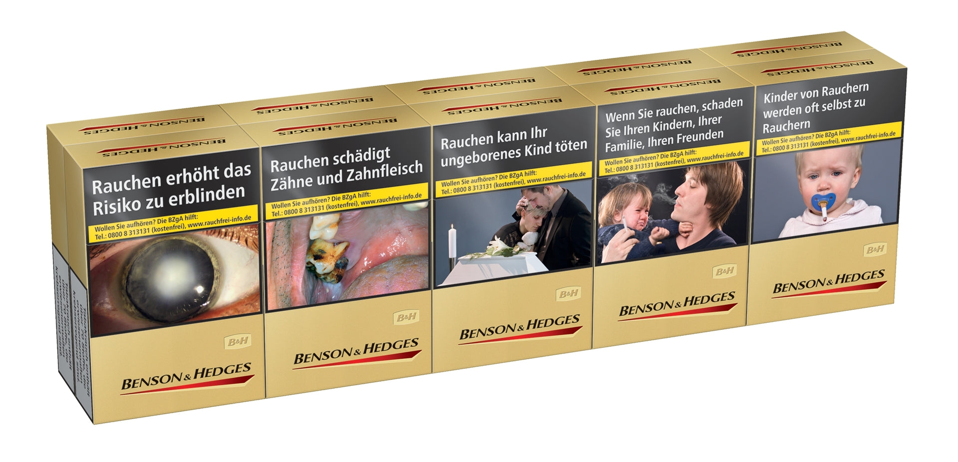 Benson & Hedges Gold Zigaretten Stange, 10x20 Stück, Seitenansicht, elegante Verpackung, Premium Tabak