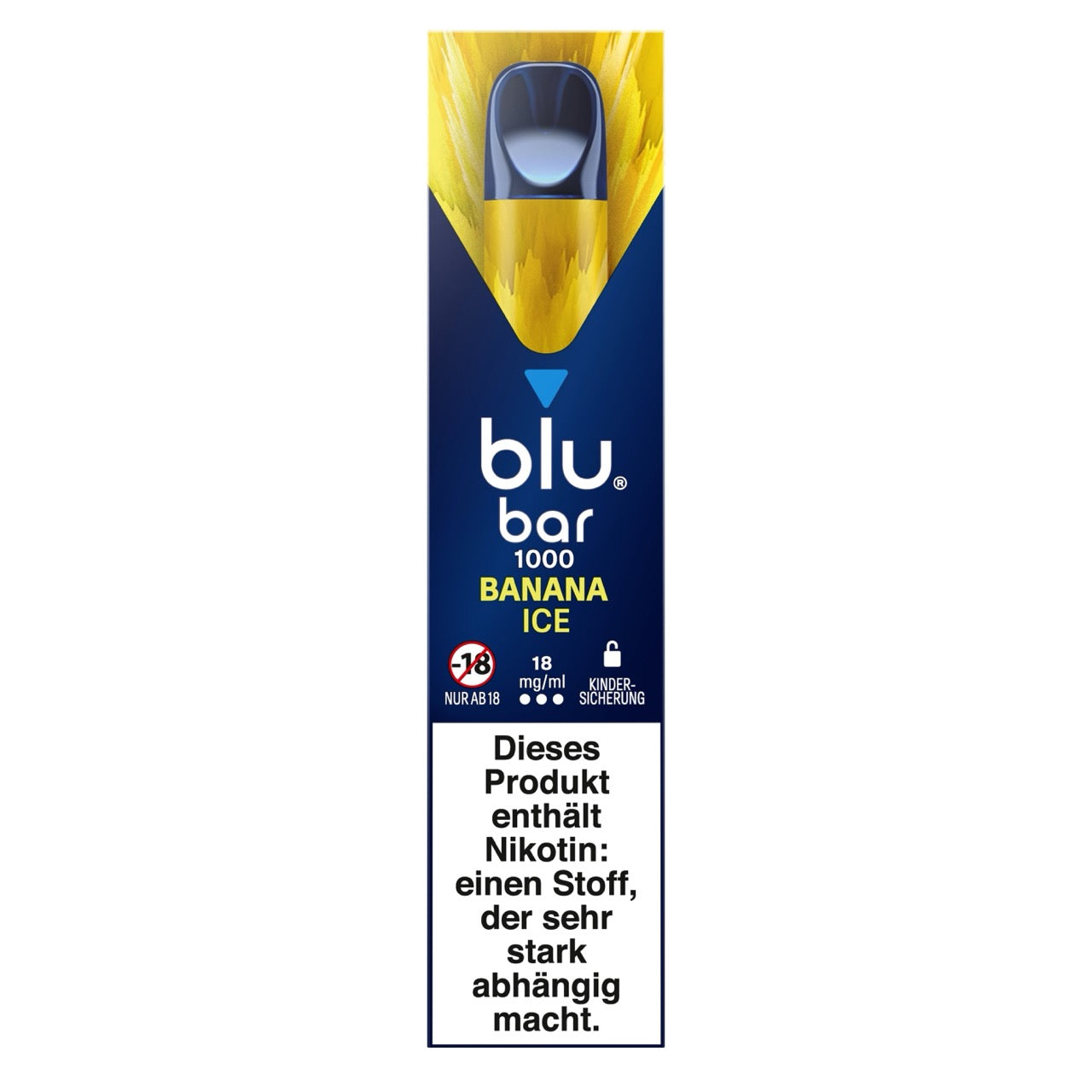 Verpackung der Blu Bar 1000 Banana Ice Einweg-E-Zigarette mit 18 mg Nikotin – gelb-blaues Design mit Bananenmotiv und Produktabbildung