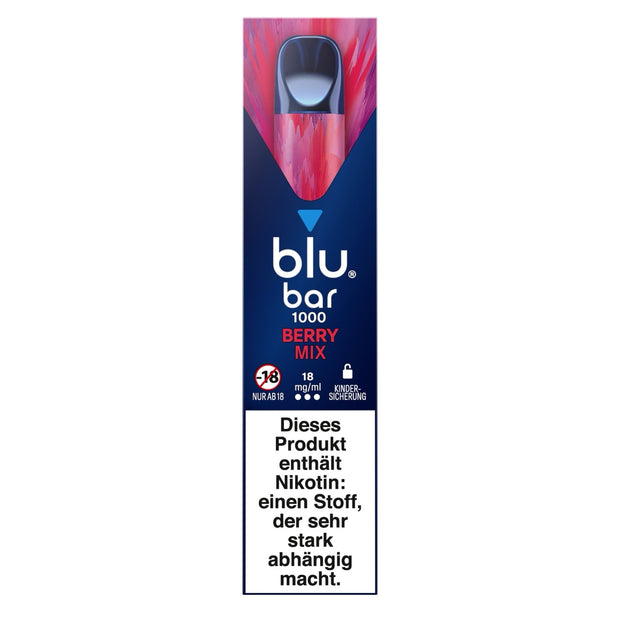 Verpackung der Blu Bar 1000 Berry Mix Einweg-E-Zigarette mit 18 mg Nikotin – buntes Design mit Beerenfrüchten abgebildet