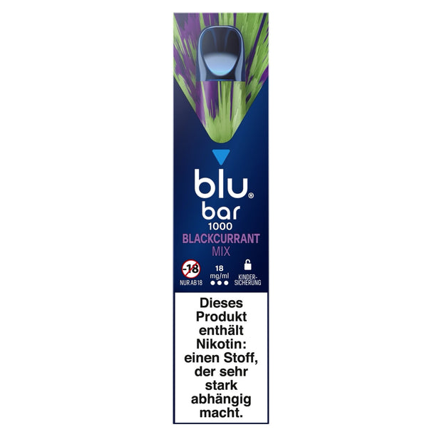 Verpackung der Blu Bar 1000 Blackcurrant Mix Einweg-E-Zigarette mit 18 mg Nikotin – violett-blaues Design mit Abbildung schwarzer Johannisbeeren und Gerät