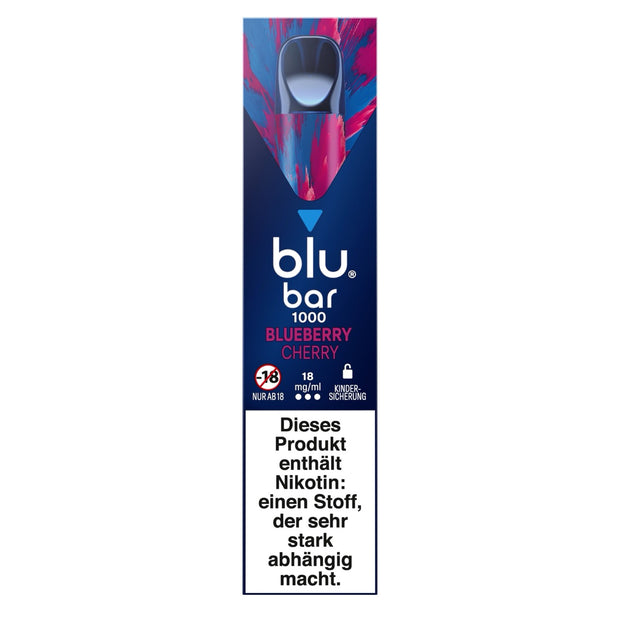 Verpackung der Blu Bar 1000 Blueberry Cherry Einweg-E-Zigarette mit 18 mg Nikotin – rot-lila Design mit Blaubeeren und Kirschen