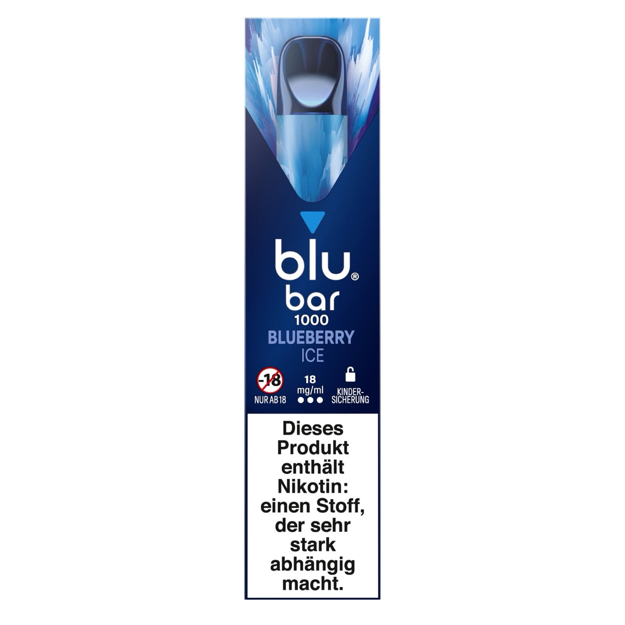 Verpackung der Blu Bar 1000 Blueberry Ice Einweg-E-Zigarette mit 18 mg Nikotin – dunkelblaues Design mit Blaubeeren und stylischem Vape-Gerät