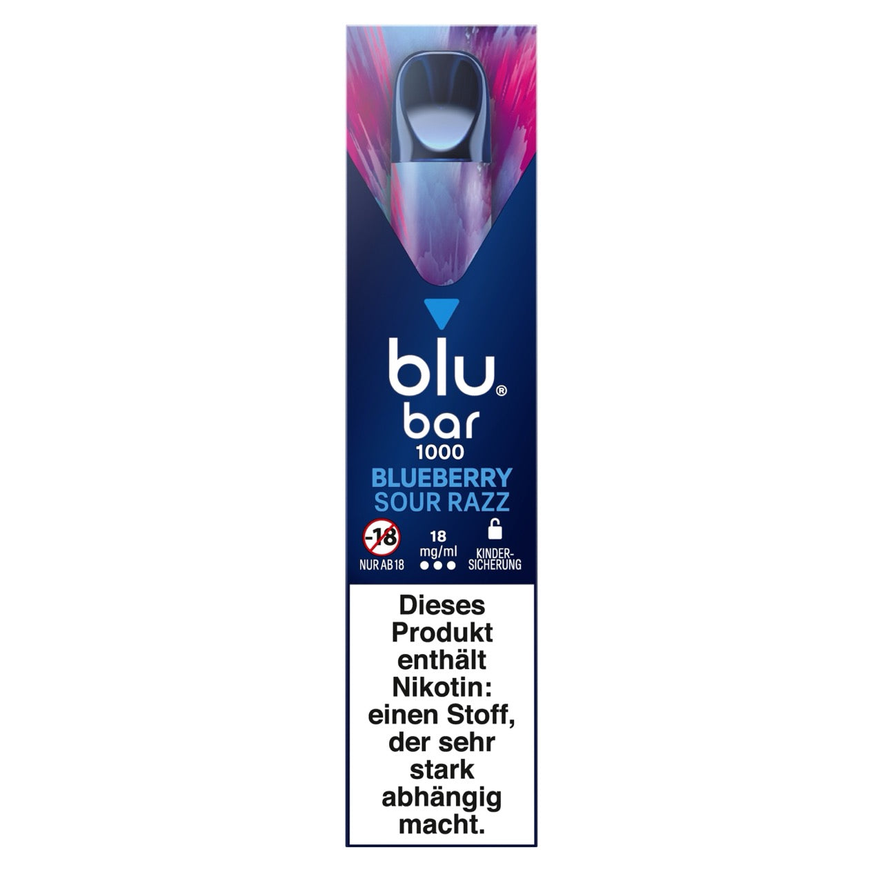 Verpackung der Blu Bar 1000 Blueberry Sour Razz Einweg-E-Zigarette mit 18 mg Nikotin – Blaubeeren, Himbeeren und Eiskristalle auf stylischem Design