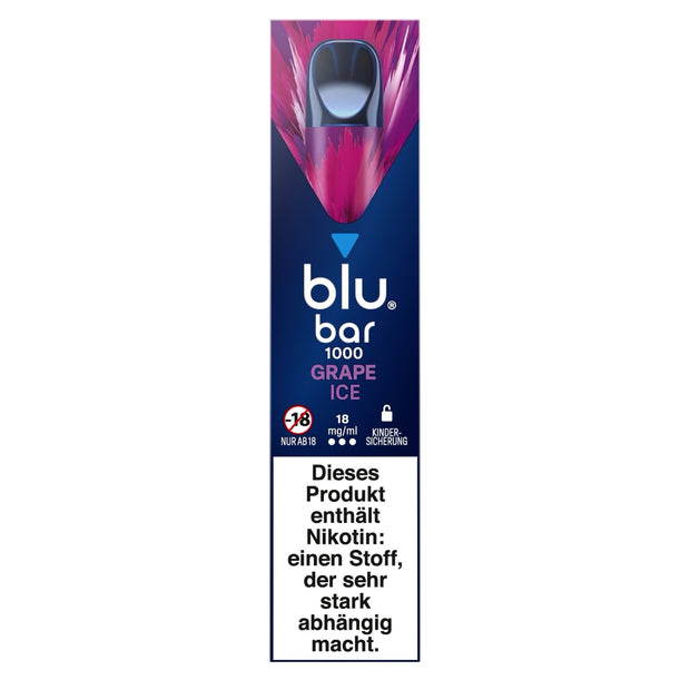 Verpackung der Blu Bar 1000 Grape Ice Einweg-E-Zigarette mit 18 mg Nikotin – violettes Design mit Trauben und stylischer Vape-Optik