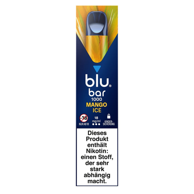 Verpackung der Blu Bar 1000 Mango Ice Einweg-E-Zigarette mit 18 mg Nikotin – tropisches Design mit Mango-Motiv und moderner Vape-Optik