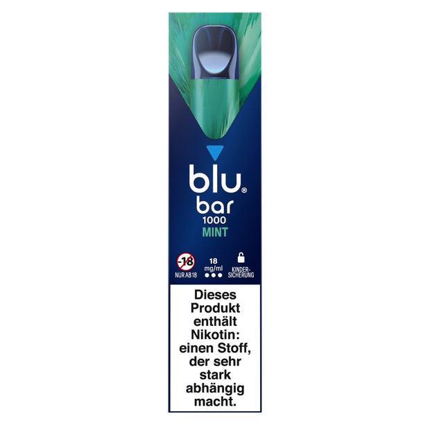 Verpackung der Blu Bar 1000 Mint Einweg-E-Zigarette mit 18 mg Nikotin – frisches Design in Mintgrün mit stilisierter Vape-Optik