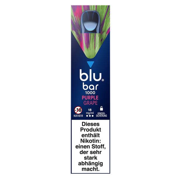 Verpackung der Blu Bar 1000 Purple Grape Einweg-E-Zigarette mit 18 mg Nikotin – lila Design mit Traubenmotiv und eisigem Frische-Look