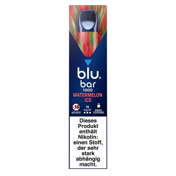 Verpackung der Blu Bar 1000 Watermelon Ice Einweg-E-Zigarette mit 18 mg Nikotin – rotes Design mit Wassermelonenmotiv und eisigem Look
