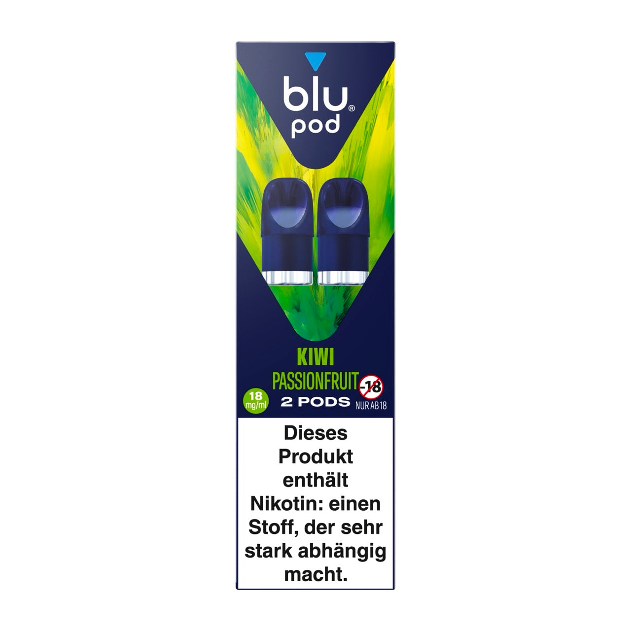 Verpackung des Blu Bar Kit Pods Kiwi Passionfruit 18 mg – zeigt eine Schachtel im blau grünen Design