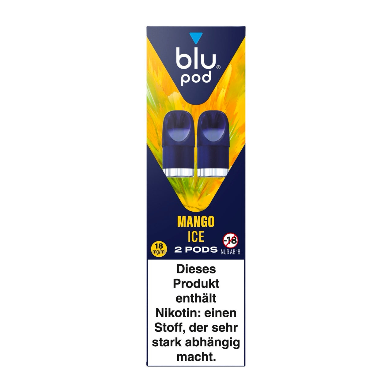 Verpackung des Blu Bar Kit Pods Mango Ice 18 mg – zeigt eine stilisierte Mango