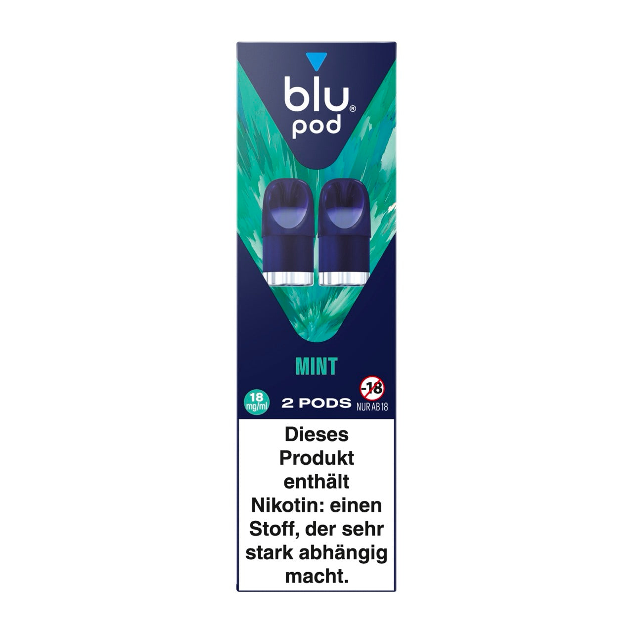 Verpackung des Blu Bar Kit Pods Mint 18 mg in Blau mit grünem Farbakzent