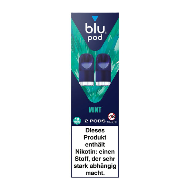 Verpackung des Blu Bar Kit Pods Mint 18 mg in Blau mit grünem Farbakzent