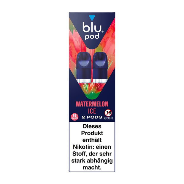 Verpackung des Blu Bar Kit Pods Watermelon Ice 18 mg in Blau mit rotem Farbakzent