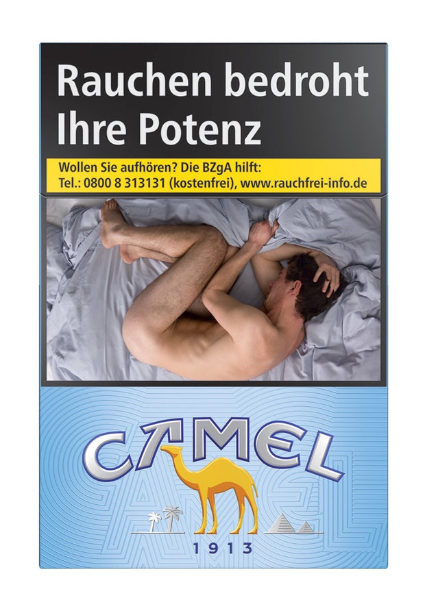 Camel Blue Zigaretten Schachtel – frontal fotografiert, modernes Camel Blue Design