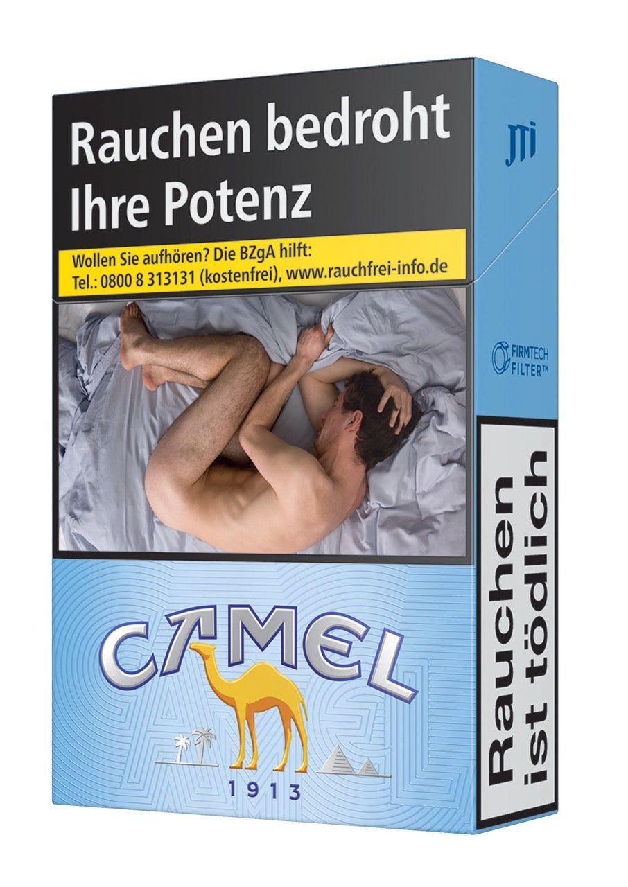 Camel Blue Zigaretten Schachtel – leicht seitlich fotografiert, stilvolles blaues Camel-Design