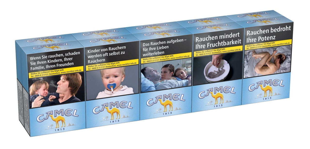 Camel Blue Zigaretten Stange – leicht seitlich fotografiert, frische Schachteln im Karton