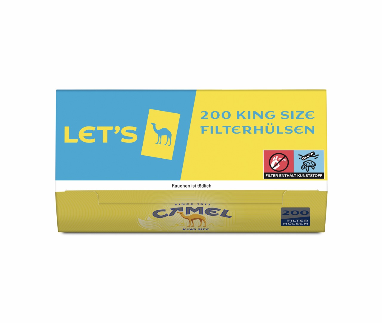 Camel King Size Hülsen 200 Stück – Packung Filterhülsen für selbstgestopfte Zigaretten, frontal fotografiert