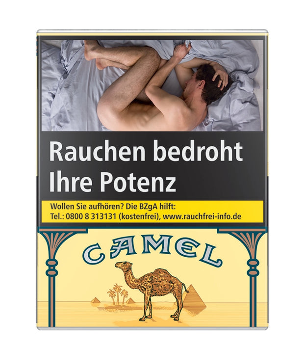 Camel Yellow ohne Filter Zigaretten Schachtel – frontal fotografiert