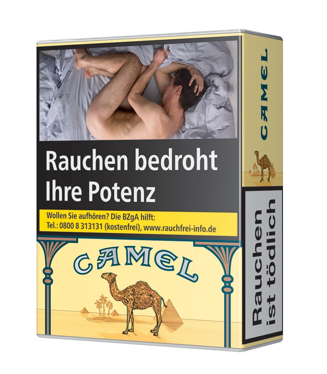 Camel Yellow ohne Filter Zigaretten Schachtel – leicht seitlich fotografiert