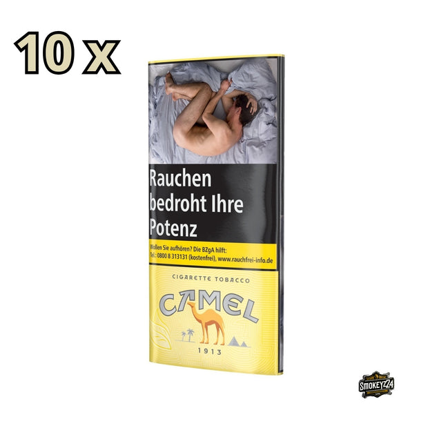 Camel Cigarette Tobacco Yellow 10x30g Pouches, leicht seitlich fotografiert, mehrere Pouches im klassischen Design.